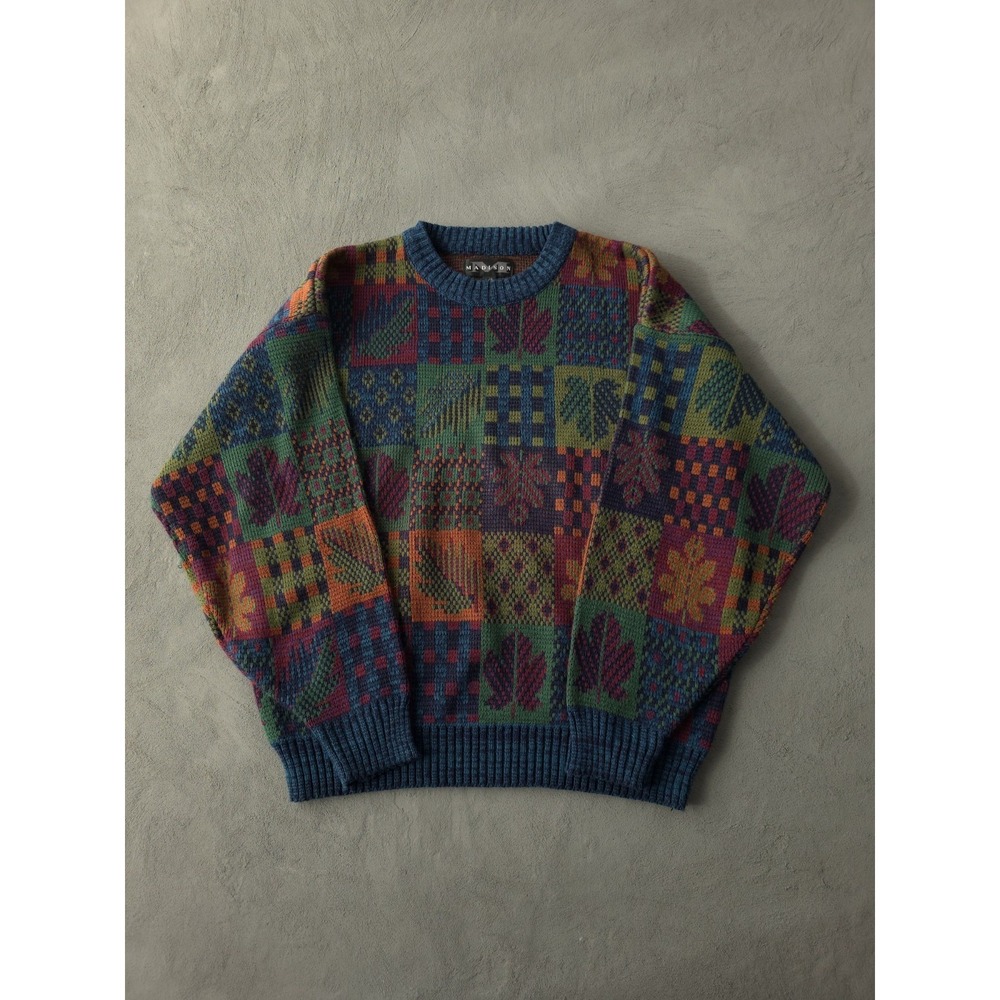 Vintage 90s Madison Geometric Fall Knit Crewneck Acrylic Sweater Men's L